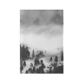 Обложка для паспорта матовая кожа с принтом Туманный лес в Новосибирске, натуральная матовая кожа | размер 19,3 х 13,7 см; прозрачные пластиковые крепления | Тематика изображения на принте: бор | деревья | дым | елки | лес | природа | туман | чб | черно белое