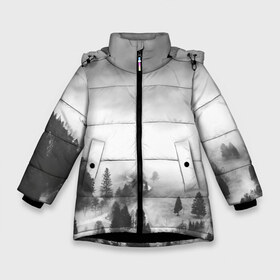 Зимняя куртка для девочек 3D с принтом Туманный лес в Новосибирске, ткань верха — 100% полиэстер; подклад — 100% полиэстер, утеплитель — 100% полиэстер. | длина ниже бедра, удлиненная спинка, воротник стойка и отстегивающийся капюшон. Есть боковые карманы с листочкой на кнопках, утяжки по низу изделия и внутренний карман на молнии. 

Предусмотрены светоотражающий принт на спинке, радужный светоотражающий элемент на пуллере молнии и на резинке для утяжки. | бор | деревья | дым | елки | лес | природа | туман | чб | черно белое
