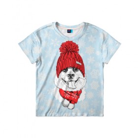 Детская футболка 3D с принтом Собачка в шапочке в Новосибирске, 100% гипоаллергенный полиэфир | прямой крой, круглый вырез горловины, длина до линии бедер, чуть спущенное плечо, ткань немного тянется | зима | новый год | подарок | рождество | собака