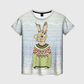 Женская футболка 3D с принтом Кролик хипстер в Новосибирске, 100% полиэфир ( синтетическое хлопкоподобное полотно) | прямой крой, круглый вырез горловины, длина до линии бедер | зима | кролик | новый год | подарок | рождество