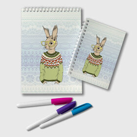 Блокнот с принтом Кролик хипстер в Новосибирске, 100% бумага | 48 листов, плотность листов — 60 г/м2, плотность картонной обложки — 250 г/м2. Листы скреплены удобной пружинной спиралью. Цвет линий — светло-серый
 | Тематика изображения на принте: зима | кролик | новый год | подарок | рождество