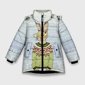 Зимняя куртка для девочек 3D с принтом Кролик хипстер в Новосибирске, ткань верха — 100% полиэстер; подклад — 100% полиэстер, утеплитель — 100% полиэстер. | длина ниже бедра, удлиненная спинка, воротник стойка и отстегивающийся капюшон. Есть боковые карманы с листочкой на кнопках, утяжки по низу изделия и внутренний карман на молнии. 

Предусмотрены светоотражающий принт на спинке, радужный светоотражающий элемент на пуллере молнии и на резинке для утяжки. | Тематика изображения на принте: зима | кролик | новый год | подарок | рождество