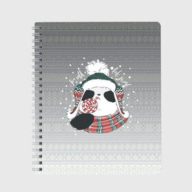 Тетрадь с принтом So cold, but sweet в Новосибирске, 100% бумага | 48 листов, плотность листов — 60 г/м2, плотность картонной обложки — 250 г/м2. Листы скреплены сбоку удобной пружинной спиралью. Уголки страниц и обложки скругленные. Цвет линий — светло-серый
 | Тематика изображения на принте: зима | новый год | панда | подарок | рождество