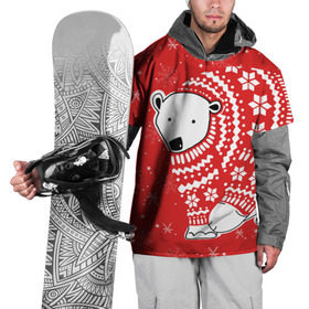 Накидка на куртку 3D с принтом Белый медведь в свитере в Новосибирске, 100% полиэстер |  | Тематика изображения на принте: red | snow | snowflakes | stars | sweater | white bear | winter | белый медведь | звезды | зима | красный | снег | снежинки
