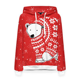 Женская толстовка 3D с принтом Белый медведь в свитере в Новосибирске, 100% полиэстер  | двухслойный капюшон со шнурком для регулировки, мягкие манжеты на рукавах и по низу толстовки, спереди карман-кенгуру с мягким внутренним слоем. | red | snow | snowflakes | stars | sweater | white bear | winter | белый медведь | звезды | зима | красный | снег | снежинки