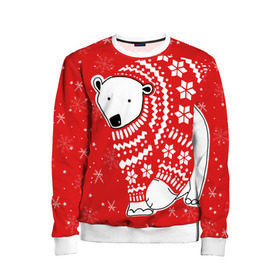 Детский свитшот 3D с принтом Белый медведь в свитере в Новосибирске, 100% полиэстер | свободная посадка, прямой крой, мягкая тканевая резинка на рукавах и понизу свитшота | red | snow | snowflakes | stars | sweater | white bear | winter | белый медведь | звезды | зима | красный | снег | снежинки