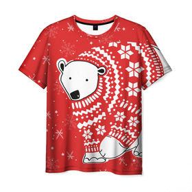 Мужская футболка 3D с принтом Белый медведь в свитере в Новосибирске, 100% полиэфир | прямой крой, круглый вырез горловины, длина до линии бедер | Тематика изображения на принте: red | snow | snowflakes | stars | sweater | white bear | winter | белый медведь | звезды | зима | красный | снег | снежинки