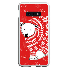 Чехол для Samsung S10E с принтом Белый медведь в свитере в Новосибирске, Силикон | Область печати: задняя сторона чехла, без боковых панелей | Тематика изображения на принте: red | snow | snowflakes | stars | sweater | white bear | winter | белый медведь | звезды | зима | красный | снег | снежинки