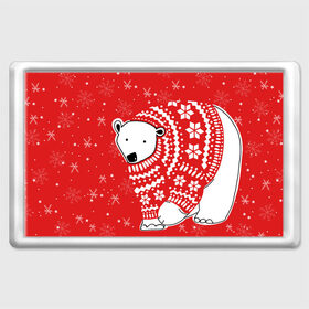 Магнит 45*70 с принтом Белый медведь в свитере в Новосибирске, Пластик | Размер: 78*52 мм; Размер печати: 70*45 | red | snow | snowflakes | stars | sweater | white bear | winter | белый медведь | звезды | зима | красный | снег | снежинки