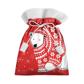 Подарочный 3D мешок с принтом Белый медведь в свитере в Новосибирске, 100% полиэстер | Размер: 29*39 см | red | snow | snowflakes | stars | sweater | white bear | winter | белый медведь | звезды | зима | красный | снег | снежинки