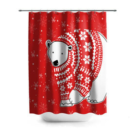 Штора 3D для ванной с принтом Белый медведь в свитере в Новосибирске, 100% полиэстер | плотность материала — 100 г/м2. Стандартный размер — 146 см х 180 см. По верхнему краю — пластиковые люверсы для креплений. В комплекте 10 пластиковых колец | red | snow | snowflakes | stars | sweater | white bear | winter | белый медведь | звезды | зима | красный | снег | снежинки
