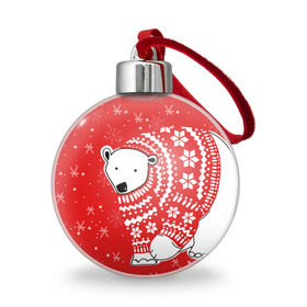 Ёлочный шар с принтом Белый медведь в свитере в Новосибирске, Пластик | Диаметр: 77 мм | red | snow | snowflakes | stars | sweater | white bear | winter | белый медведь | звезды | зима | красный | снег | снежинки
