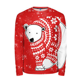 Мужской лонгслив 3D с принтом Белый медведь в свитере в Новосибирске, 100% полиэстер | длинные рукава, круглый вырез горловины, полуприлегающий силуэт | Тематика изображения на принте: red | snow | snowflakes | stars | sweater | white bear | winter | белый медведь | звезды | зима | красный | снег | снежинки