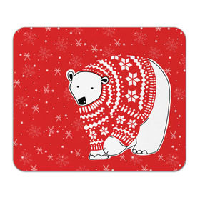 Коврик прямоугольный с принтом Белый медведь в свитере в Новосибирске, натуральный каучук | размер 230 х 185 мм; запечатка лицевой стороны | Тематика изображения на принте: red | snow | snowflakes | stars | sweater | white bear | winter | белый медведь | звезды | зима | красный | снег | снежинки