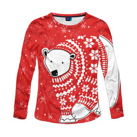 Женский лонгслив 3D с принтом Белый медведь в свитере в Новосибирске, 100% полиэстер | длинные рукава, круглый вырез горловины, полуприлегающий силуэт | red | snow | snowflakes | stars | sweater | white bear | winter | белый медведь | звезды | зима | красный | снег | снежинки