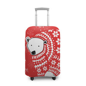 Чехол для чемодана 3D с принтом Белый медведь в свитере в Новосибирске, 86% полиэфир, 14% спандекс | двустороннее нанесение принта, прорези для ручек и колес | red | snow | snowflakes | stars | sweater | white bear | winter | белый медведь | звезды | зима | красный | снег | снежинки