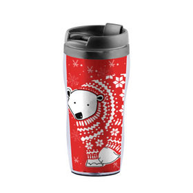 Термокружка-непроливайка с принтом Белый медведь в свитере в Новосибирске, внутренняя часть — пищевой пластик, наружная часть — прозрачный пластик, между ними — полиграфическая вставка с рисунком | объем — 350 мл, герметичная крышка | red | snow | snowflakes | stars | sweater | white bear | winter | белый медведь | звезды | зима | красный | снег | снежинки