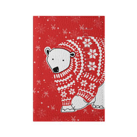 Обложка для паспорта матовая кожа с принтом Белый медведь в свитере в Новосибирске, натуральная матовая кожа | размер 19,3 х 13,7 см; прозрачные пластиковые крепления | Тематика изображения на принте: red | snow | snowflakes | stars | sweater | white bear | winter | белый медведь | звезды | зима | красный | снег | снежинки