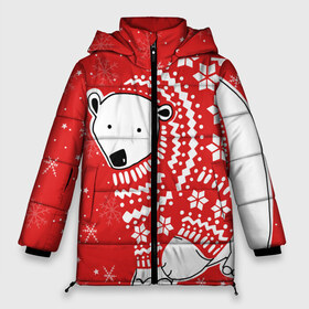 Женская зимняя куртка 3D с принтом Белый медведь в свитере в Новосибирске, верх — 100% полиэстер; подкладка — 100% полиэстер; утеплитель — 100% полиэстер | длина ниже бедра, силуэт Оверсайз. Есть воротник-стойка, отстегивающийся капюшон и ветрозащитная планка. 

Боковые карманы с листочкой на кнопках и внутренний карман на молнии | red | snow | snowflakes | stars | sweater | white bear | winter | белый медведь | звезды | зима | красный | снег | снежинки