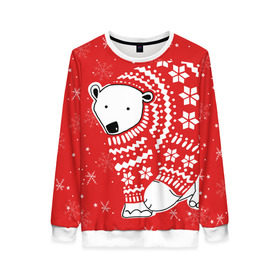 Женский свитшот 3D с принтом Белый медведь в свитере в Новосибирске, 100% полиэстер с мягким внутренним слоем | круглый вырез горловины, мягкая резинка на манжетах и поясе, свободная посадка по фигуре | red | snow | snowflakes | stars | sweater | white bear | winter | белый медведь | звезды | зима | красный | снег | снежинки