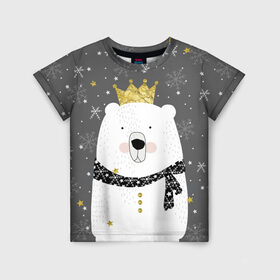 Детская футболка 3D с принтом Белый медведь в короне в Новосибирске, 100% гипоаллергенный полиэфир | прямой крой, круглый вырез горловины, длина до линии бедер, чуть спущенное плечо, ткань немного тянется | Тематика изображения на принте: animal | bear | crown | gold | mountains | scarf | snow | snowflakes | stars | white | winter | белый | горы | животные | звезды | зима | золотая | корона | медведь | снег | снежинки | шарф