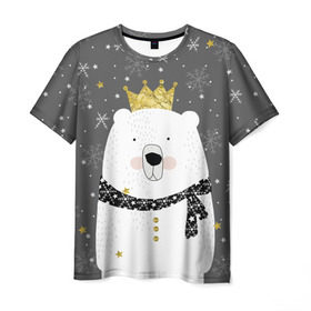 Мужская футболка 3D с принтом Белый медведь в короне в Новосибирске, 100% полиэфир | прямой крой, круглый вырез горловины, длина до линии бедер | animal | bear | crown | gold | mountains | scarf | snow | snowflakes | stars | white | winter | белый | горы | животные | звезды | зима | золотая | корона | медведь | снег | снежинки | шарф