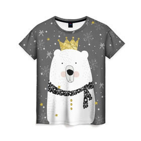 Женская футболка 3D с принтом Белый медведь в короне в Новосибирске, 100% полиэфир ( синтетическое хлопкоподобное полотно) | прямой крой, круглый вырез горловины, длина до линии бедер | animal | bear | crown | gold | mountains | scarf | snow | snowflakes | stars | white | winter | белый | горы | животные | звезды | зима | золотая | корона | медведь | снег | снежинки | шарф