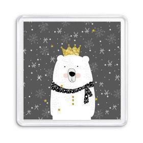 Магнит 55*55 с принтом Белый медведь в короне в Новосибирске, Пластик | Размер: 65*65 мм; Размер печати: 55*55 мм | Тематика изображения на принте: animal | bear | crown | gold | mountains | scarf | snow | snowflakes | stars | white | winter | белый | горы | животные | звезды | зима | золотая | корона | медведь | снег | снежинки | шарф