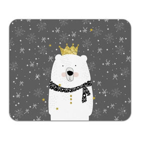 Коврик прямоугольный с принтом Белый медведь в короне в Новосибирске, натуральный каучук | размер 230 х 185 мм; запечатка лицевой стороны | animal | bear | crown | gold | mountains | scarf | snow | snowflakes | stars | white | winter | белый | горы | животные | звезды | зима | золотая | корона | медведь | снег | снежинки | шарф