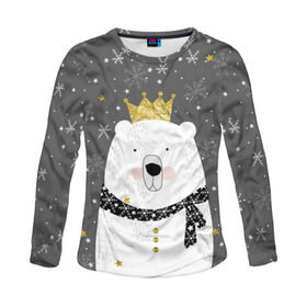 Женский лонгслив 3D с принтом Белый медведь в короне в Новосибирске, 100% полиэстер | длинные рукава, круглый вырез горловины, полуприлегающий силуэт | animal | bear | crown | gold | mountains | scarf | snow | snowflakes | stars | white | winter | белый | горы | животные | звезды | зима | золотая | корона | медведь | снег | снежинки | шарф