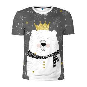 Мужская футболка 3D спортивная с принтом Белый медведь в короне в Новосибирске, 100% полиэстер с улучшенными характеристиками | приталенный силуэт, круглая горловина, широкие плечи, сужается к линии бедра | Тематика изображения на принте: animal | bear | crown | gold | mountains | scarf | snow | snowflakes | stars | white | winter | белый | горы | животные | звезды | зима | золотая | корона | медведь | снег | снежинки | шарф