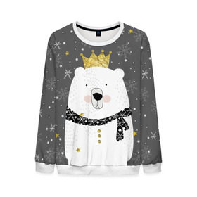 Мужской свитшот 3D с принтом Белый медведь в короне в Новосибирске, 100% полиэстер с мягким внутренним слоем | круглый вырез горловины, мягкая резинка на манжетах и поясе, свободная посадка по фигуре | Тематика изображения на принте: animal | bear | crown | gold | mountains | scarf | snow | snowflakes | stars | white | winter | белый | горы | животные | звезды | зима | золотая | корона | медведь | снег | снежинки | шарф