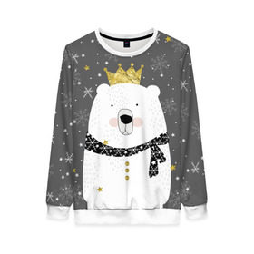 Женский свитшот 3D с принтом Белый медведь в короне в Новосибирске, 100% полиэстер с мягким внутренним слоем | круглый вырез горловины, мягкая резинка на манжетах и поясе, свободная посадка по фигуре | animal | bear | crown | gold | mountains | scarf | snow | snowflakes | stars | white | winter | белый | горы | животные | звезды | зима | золотая | корона | медведь | снег | снежинки | шарф
