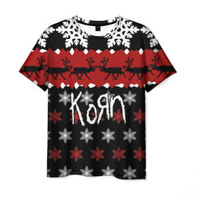 Мужская футболка 3D с принтом Праздничный Korn в Новосибирске, 100% полиэфир | прямой крой, круглый вырез горловины, длина до линии бедер | korn | koяn | альтернативный | брайан филипп уэлч | группа | джеймс | джонатан дэвис | знак | корн | коян | красный | манки | метал | надпись | новогодний | новый год | нюметал | праздник