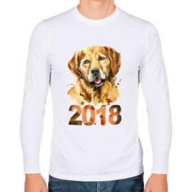 Мужской лонгслив хлопок с принтом Собака 2018 в Новосибирске, 100% хлопок |  | Тематика изображения на принте: зима | новый год | подарок | рождество | собака