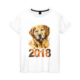 Женская футболка хлопок с принтом Собака 2018 в Новосибирске, 100% хлопок | прямой крой, круглый вырез горловины, длина до линии бедер, слегка спущенное плечо | зима | новый год | подарок | рождество | собака