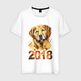 Мужская футболка хлопок с принтом Собака 2018 в Новосибирске, 100% хлопок | прямой крой, круглый вырез горловины, длина до линии бедер, слегка спущенное плечо. | Тематика изображения на принте: зима | новый год | подарок | рождество | собака