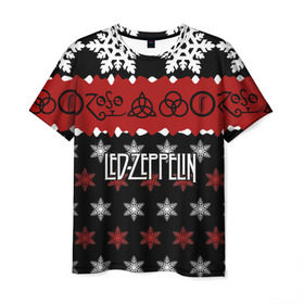 Мужская футболка 3D с принтом Праздничный Led Zeppelin в Новосибирске, 100% полиэфир | прямой крой, круглый вырез горловины, длина до линии бедер | led zeppelin | блюз | группа | джимми пейдж | джон генри бонэм | джон пол джонс | знак | красный | лед зепелен | лед зеппелин | метал | надпись | новогодний | новый год | праздник | роберт плант | рождество