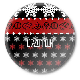 Значок с принтом Праздничный Led Zeppelin в Новосибирске,  металл | круглая форма, металлическая застежка в виде булавки | led zeppelin | блюз | группа | джимми пейдж | джон генри бонэм | джон пол джонс | знак | красный | лед зепелен | лед зеппелин | метал | надпись | новогодний | новый год | праздник | роберт плант | рождество
