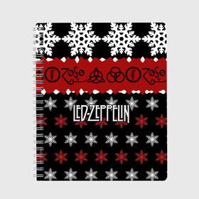 Тетрадь с принтом Праздничный Led Zeppelin в Новосибирске, 100% бумага | 48 листов, плотность листов — 60 г/м2, плотность картонной обложки — 250 г/м2. Листы скреплены сбоку удобной пружинной спиралью. Уголки страниц и обложки скругленные. Цвет линий — светло-серый
 | led zeppelin | блюз | группа | джимми пейдж | джон генри бонэм | джон пол джонс | знак | красный | лед зепелен | лед зеппелин | метал | надпись | новогодний | новый год | праздник | роберт плант | рождество