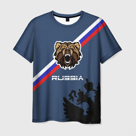 Мужская футболка 3D с принтом Russia медведь в Новосибирске, 100% полиэфир | прямой крой, круглый вырез горловины, длина до линии бедер | Тематика изображения на принте: russia | белый синий красный | герб | патриот | российская федерация | российский | россия | русский | рф | триколор | флаг