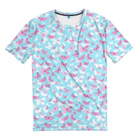 Мужская футболка 3D с принтом Розовые бабочки 2 в Новосибирске, 100% полиэфир | прямой крой, круглый вырез горловины, длина до линии бедер | бабочка | лето | розовый | цветок