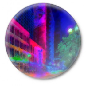 Значок с принтом Neon city в Новосибирске,  металл | круглая форма, металлическая застежка в виде булавки | Тематика изображения на принте: город | яркий