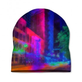 Шапка 3D с принтом Neon city в Новосибирске, 100% полиэстер | универсальный размер, печать по всей поверхности изделия | Тематика изображения на принте: город | яркий