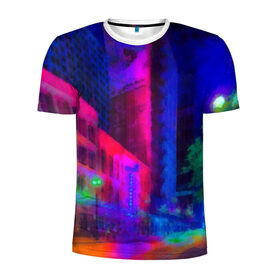 Мужская футболка 3D спортивная с принтом Neon city в Новосибирске, 100% полиэстер с улучшенными характеристиками | приталенный силуэт, круглая горловина, широкие плечи, сужается к линии бедра | Тематика изображения на принте: город | яркий