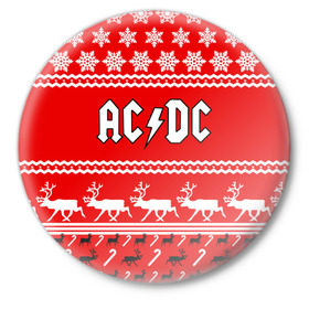 Значок с принтом Праздничный AC/DC в Новосибирске,  металл | круглая форма, металлическая застежка в виде булавки | Тематика изображения на принте: ac dc | acdc |   снежинки | ангус янг | ас дс | асдс | крис слэйд | новогодний | новый год | рождество | стиви янг | эксл роуз