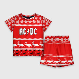 Детский костюм с шортами 3D с принтом Праздничный AC DC в Новосибирске,  |  | Тематика изображения на принте: ac dc | acdc |   снежинки | ангус янг | ас дс | асдс | крис слэйд | новогодний | новый год | рождество | стиви янг | эксл роуз