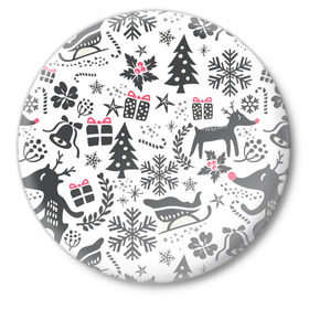 Значок с принтом Дуx рождества в Новосибирске,  металл | круглая форма, металлическая застежка в виде булавки | Тематика изображения на принте: год | елка | зима | колокольчик  | новый | олень | подарки | праздник | сани | снег | снежинки | узор