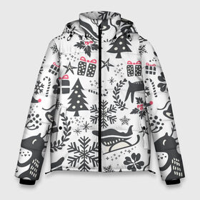 Мужская зимняя куртка 3D с принтом Дуx рождества в Новосибирске, верх — 100% полиэстер; подкладка — 100% полиэстер; утеплитель — 100% полиэстер | длина ниже бедра, свободный силуэт Оверсайз. Есть воротник-стойка, отстегивающийся капюшон и ветрозащитная планка. 

Боковые карманы с листочкой на кнопках и внутренний карман на молнии. | год | елка | зима | колокольчик  | новый | олень | подарки | праздник | сани | снег | снежинки | узор