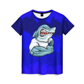 Женская футболка 3D с принтом aggressive shark в Новосибирске, 100% полиэфир ( синтетическое хлопкоподобное полотно) | прямой крой, круглый вырез горловины, длина до линии бедер | абстракция | акула | краски | синий | темносиний